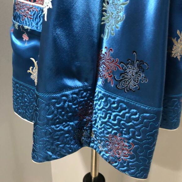 Vintage Silk Blue Ivory Embroidered Kimono Reversible Floral Jacket Large - Picture 9 of 13